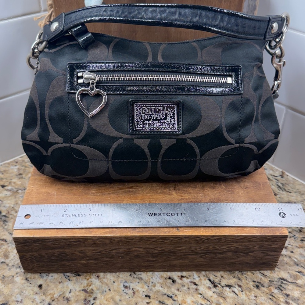 Coach Signature Satchel Top Handle Bag Black Canvas Patent Leather F20044